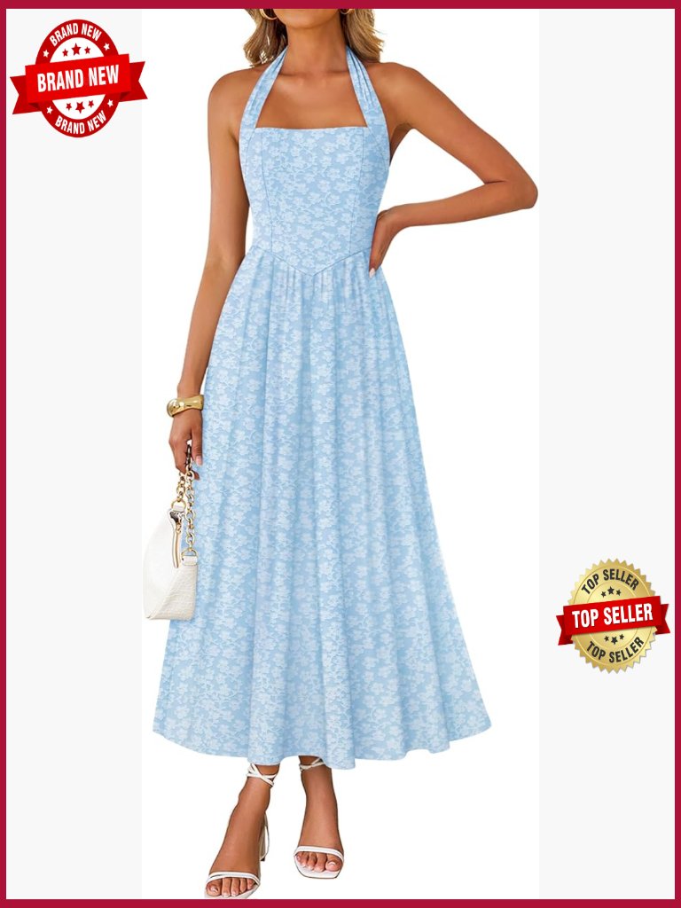 Sleeveless Floral Halter Maxi Dress With Pockets